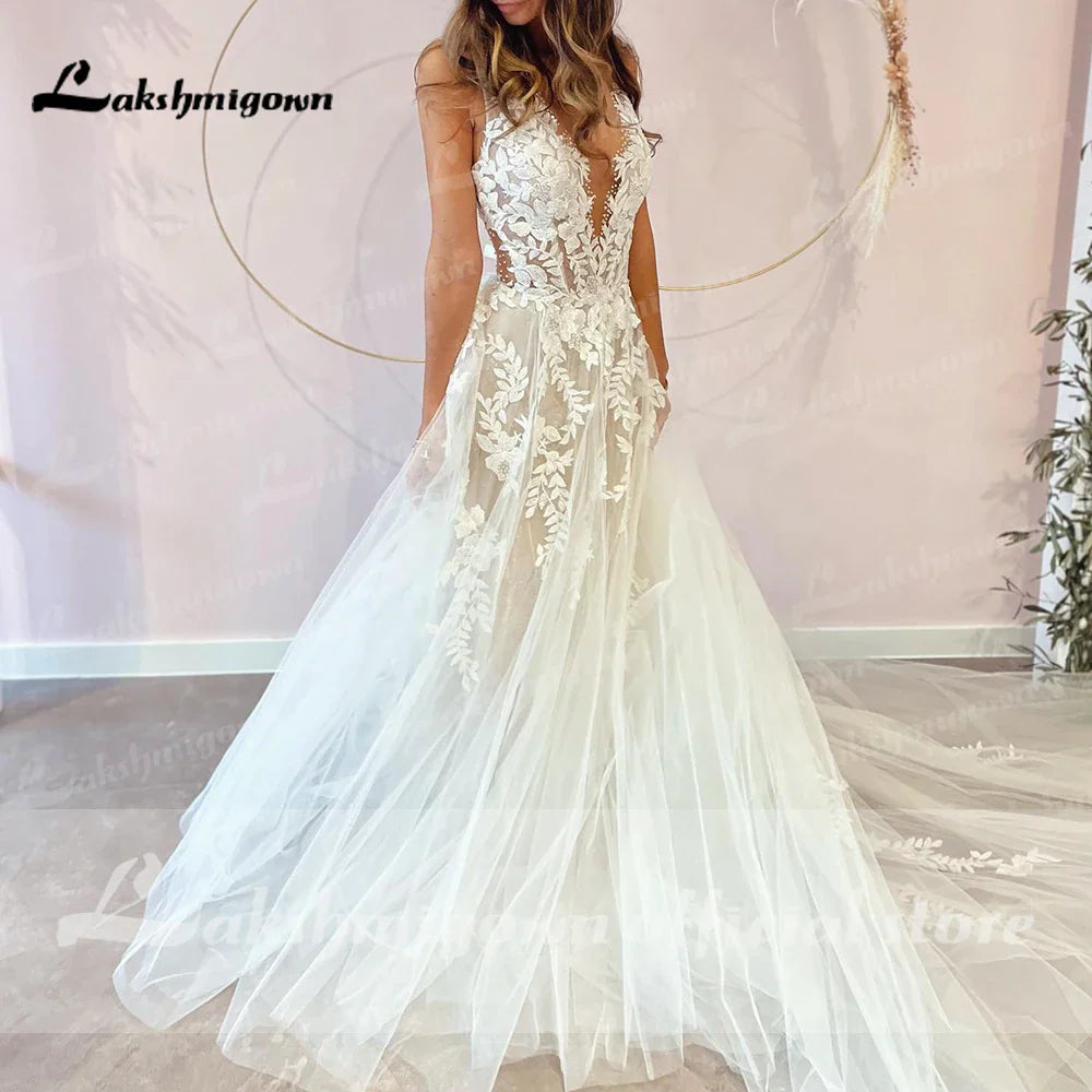 Runhufu A-Line Backless Wedding Dress 2024 Vintage Lace Applique Beaded Off White Tulle Wedding Gowns Trouwjurk Long Bridal Dress