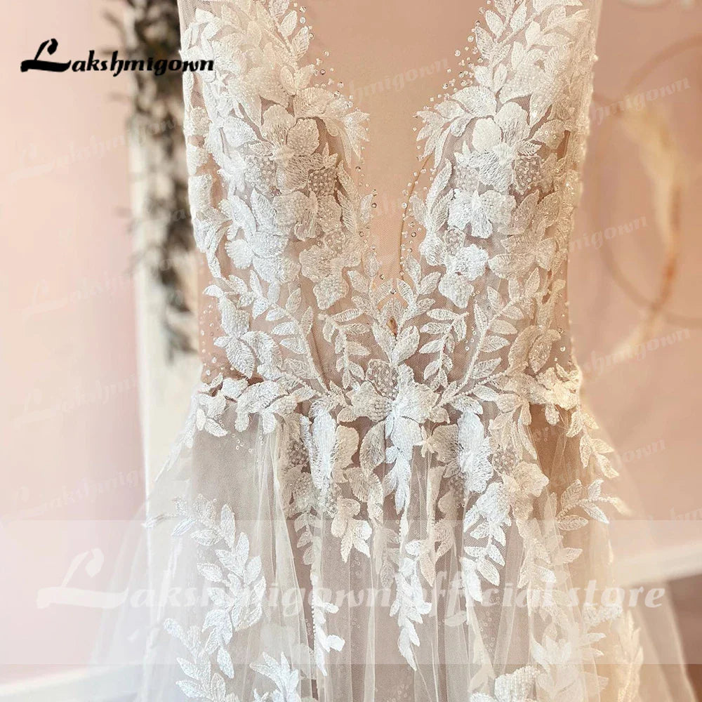 Runhufu A-Line Backless Wedding Dress 2024 Vintage Lace Applique Beaded Off White Tulle Wedding Gowns Trouwjurk Long Bridal Dress