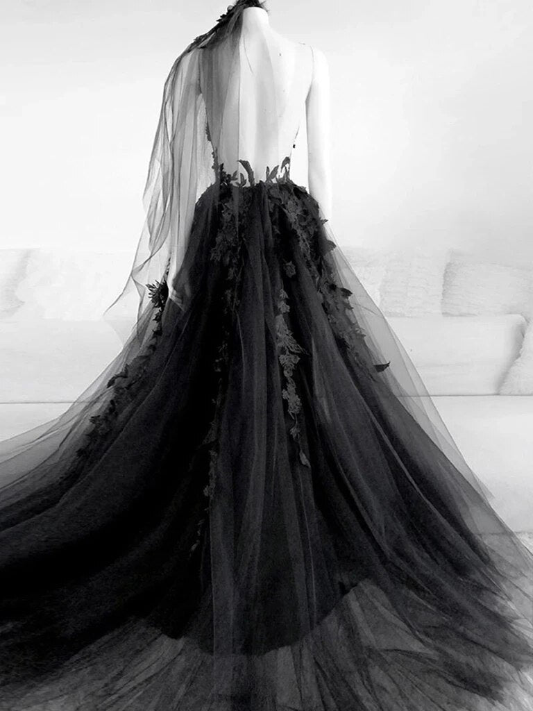 runhufu Black Wedding Dresses Sexy Backless High Side Split A-line Bridal Dress Lace Wedding Gowns Without Veil Vestido De Novia