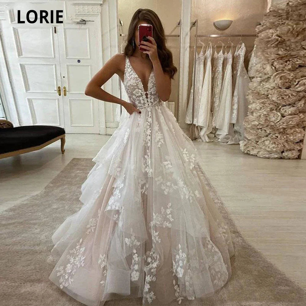 Runhufu Beach Dream Wedding Dresses A Line V-Neck Backless Appliqued Lace Bridal Gowns Puffy Tulle Princess Party Dress 2024
