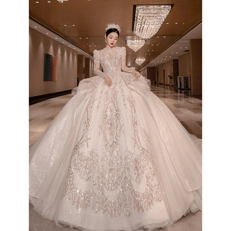 runhufu Luxury Long Train Wedding Dress 2023 New Bridal Dresses Ball Gown Long Sleeve Winter Beading Wedding Gowns
