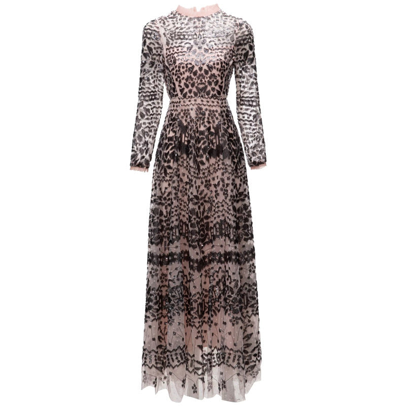 runhufu Leash Mesh Long Sleeves Slim Dress Long Dress Autumn And Winter Women's New 2025