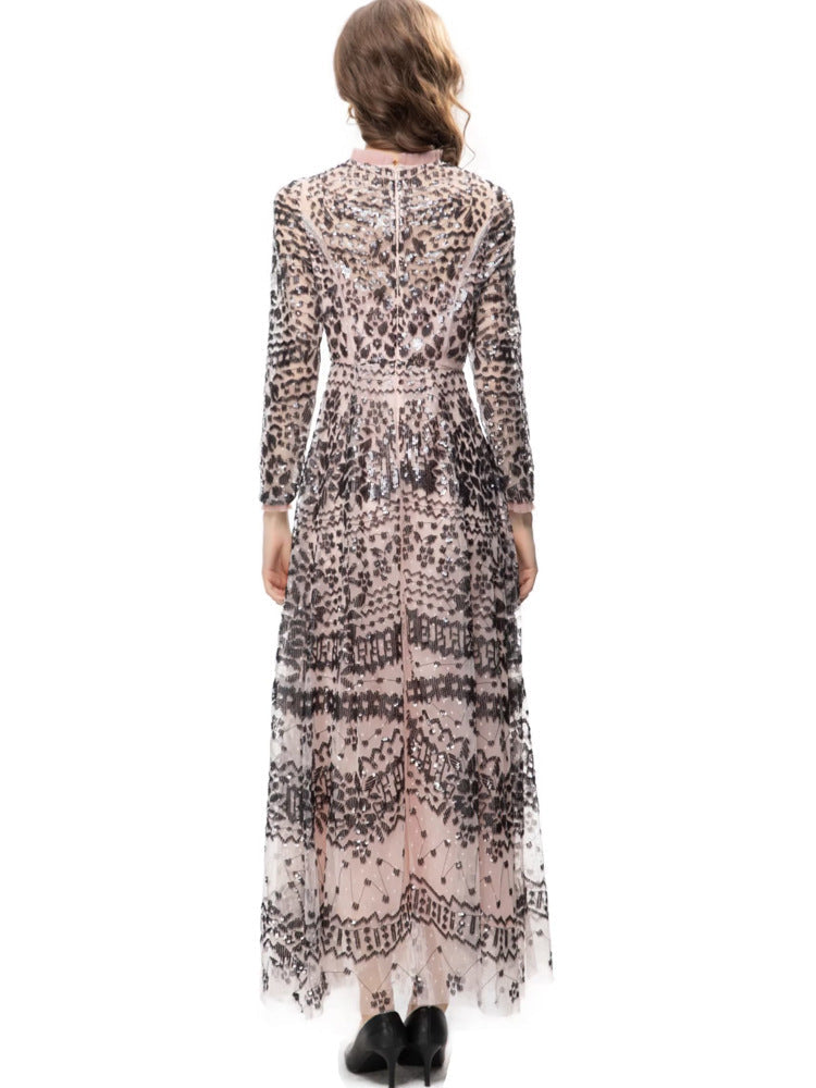 runhufu Leash Mesh Long Sleeves Slim Dress Long Dress Autumn And Winter Women's New 2025