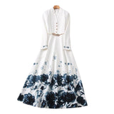 runhufu Long Sleeve Rendering Printed White Long Dress + Belt Women's New 2025