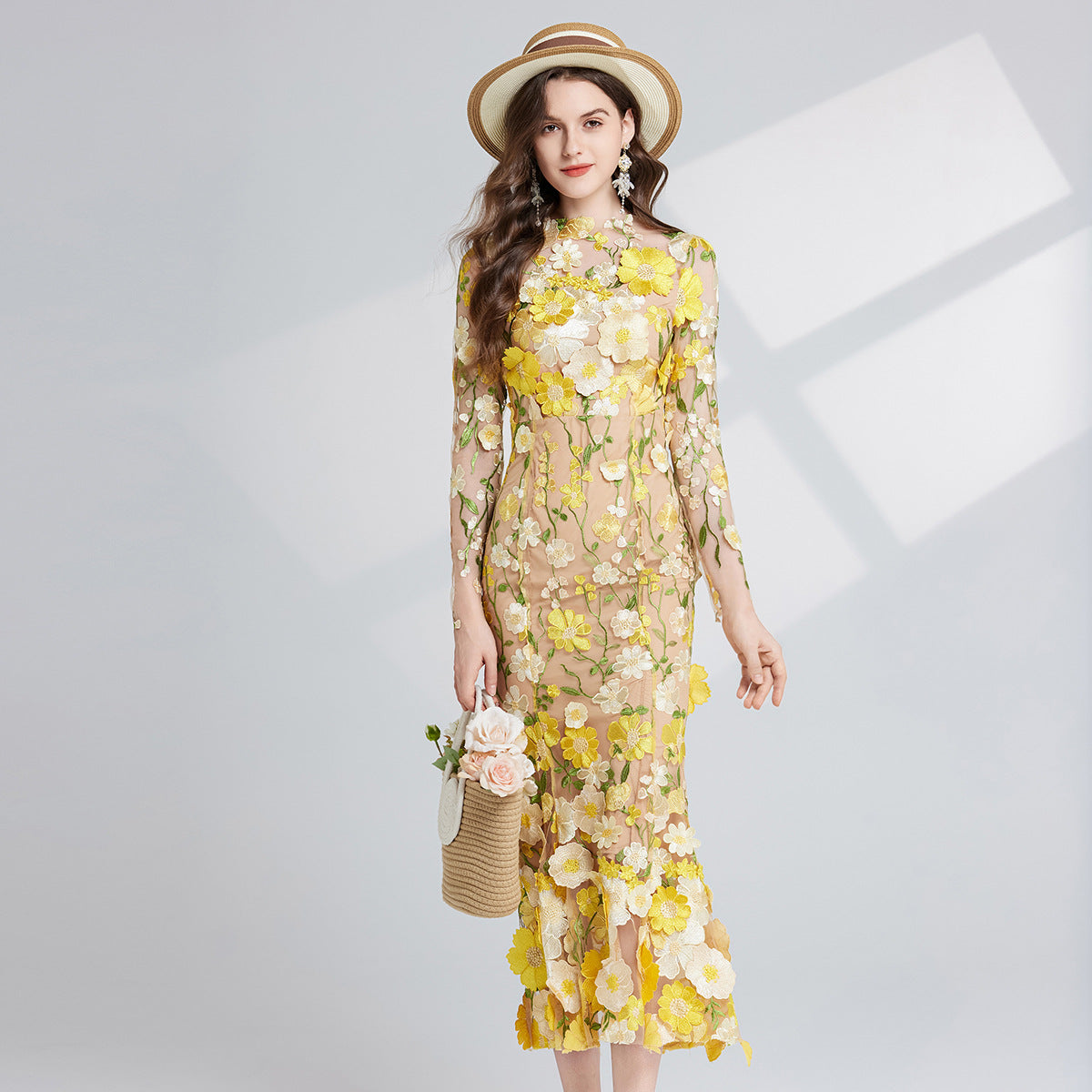 runhufu Light Luxury Heavy Industry Embroidery Three-Dimensional Flowers Waist Long Sleeve Dress