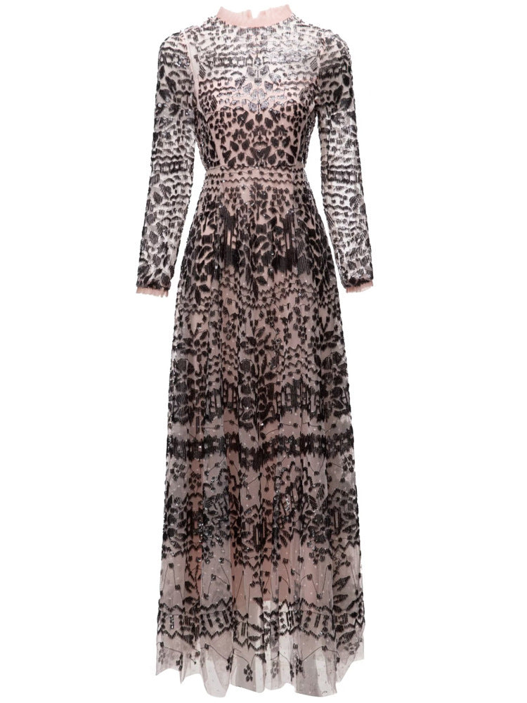 runhufu Leash Mesh Long Sleeves Slim Dress Long Dress Autumn And Winter Women's New 2025
