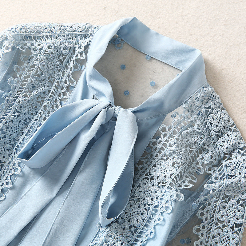 runhufu Long Sleeve Temperament Fashion Water-Soad Hook Flower Blue Dress 2025 Spring And Summer New Women's Clothing
