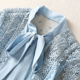 runhufu Long Sleeve Temperament Fashion Water-Soad Hook Flower Blue Dress 2025 Spring And Summer New Women's Clothing