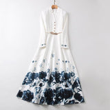 runhufu Long Sleeve Rendering Printed White Long Dress + Belt Women's New 2025