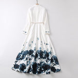 runhufu Long Sleeve Rendering Printed White Long Dress + Belt Women's New 2025
