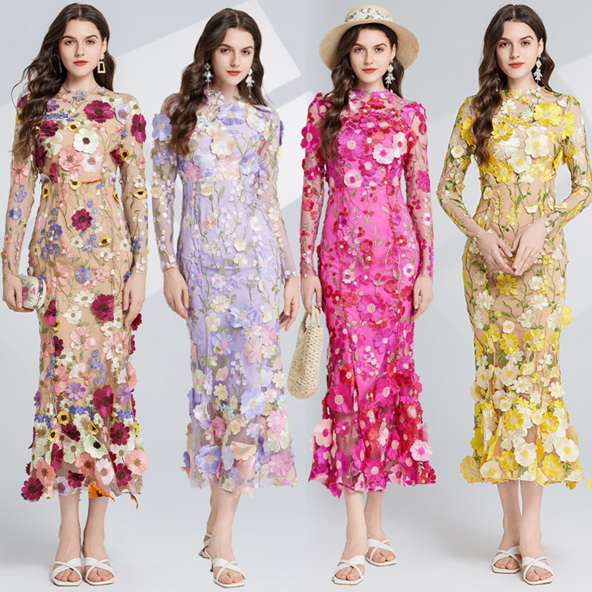 runhufu Light Luxury Heavy Industry Embroidery Three-Dimensional Flowers Waist Long Sleeve Dress