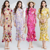 runhufu Light Luxury Heavy Industry Embroidery Three-Dimensional Flowers Waist Long Sleeve Dress