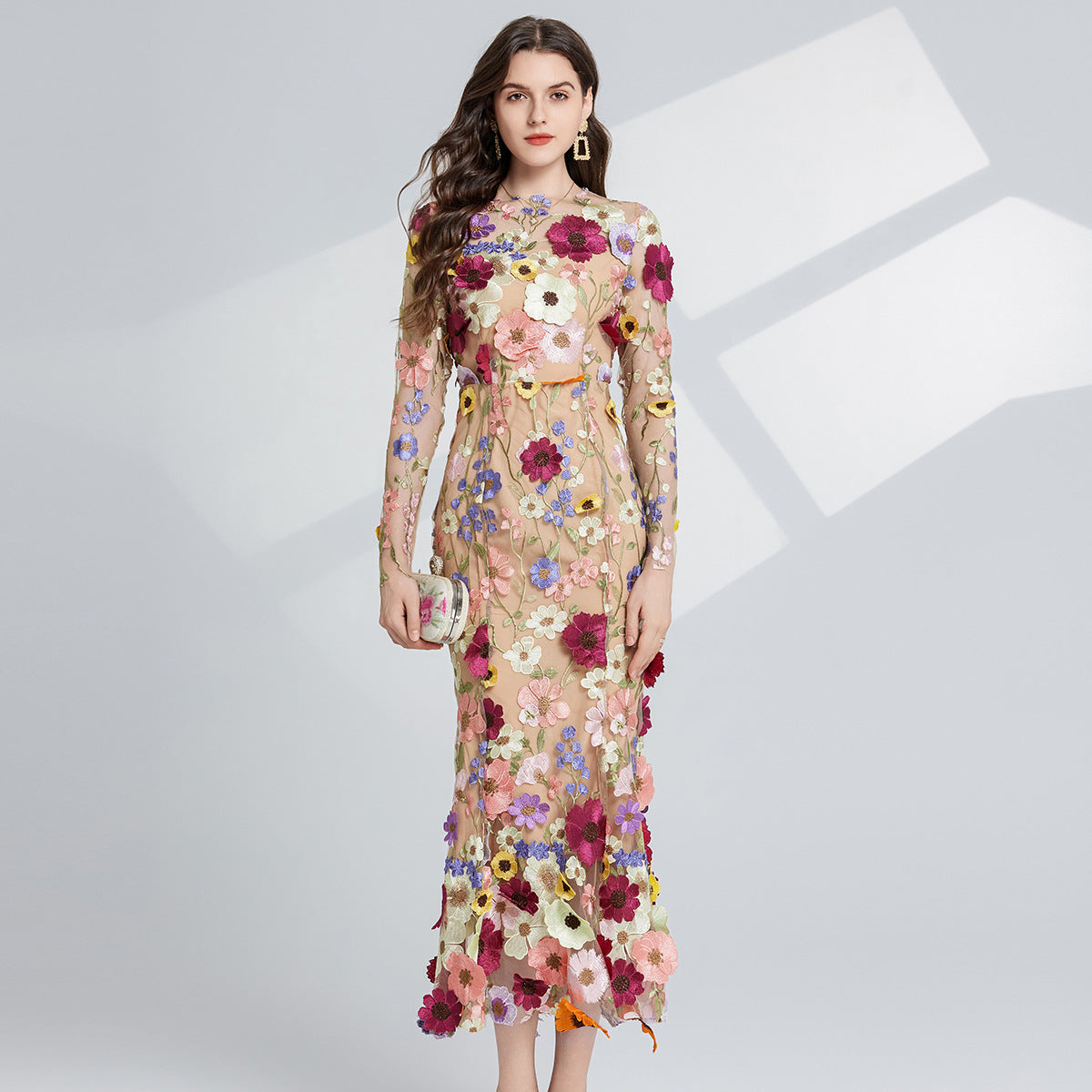 runhufu Light Luxury Heavy Industry Embroidery Three-Dimensional Flowers Waist Long Sleeve Dress