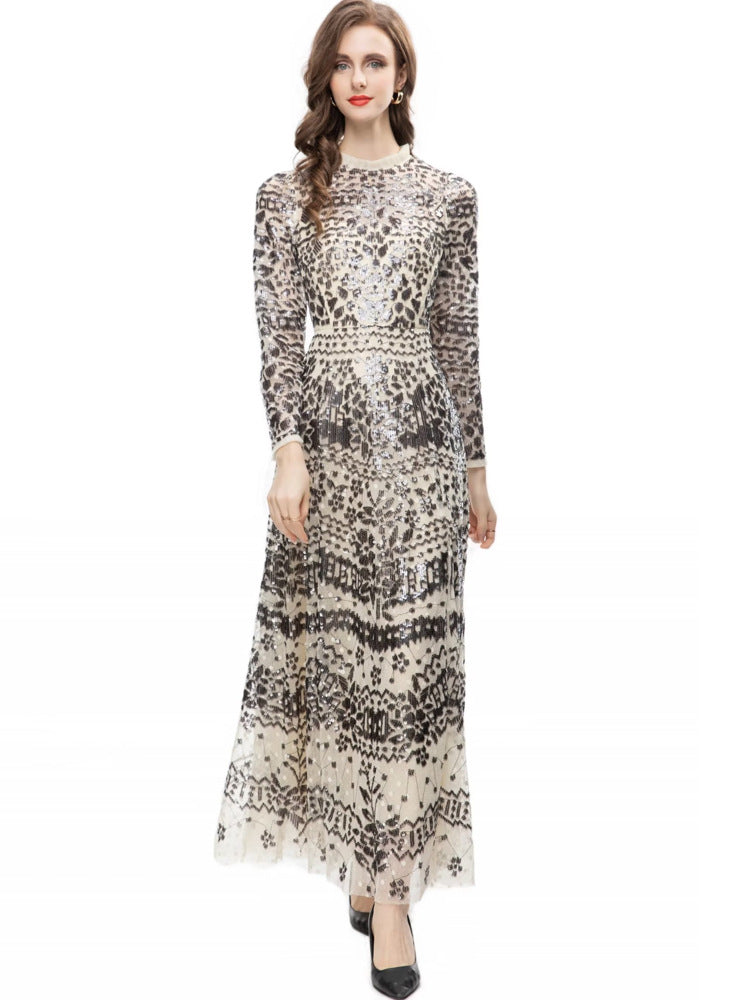 runhufu Leash Mesh Long Sleeves Slim Dress Long Dress Autumn And Winter Women's New 2025