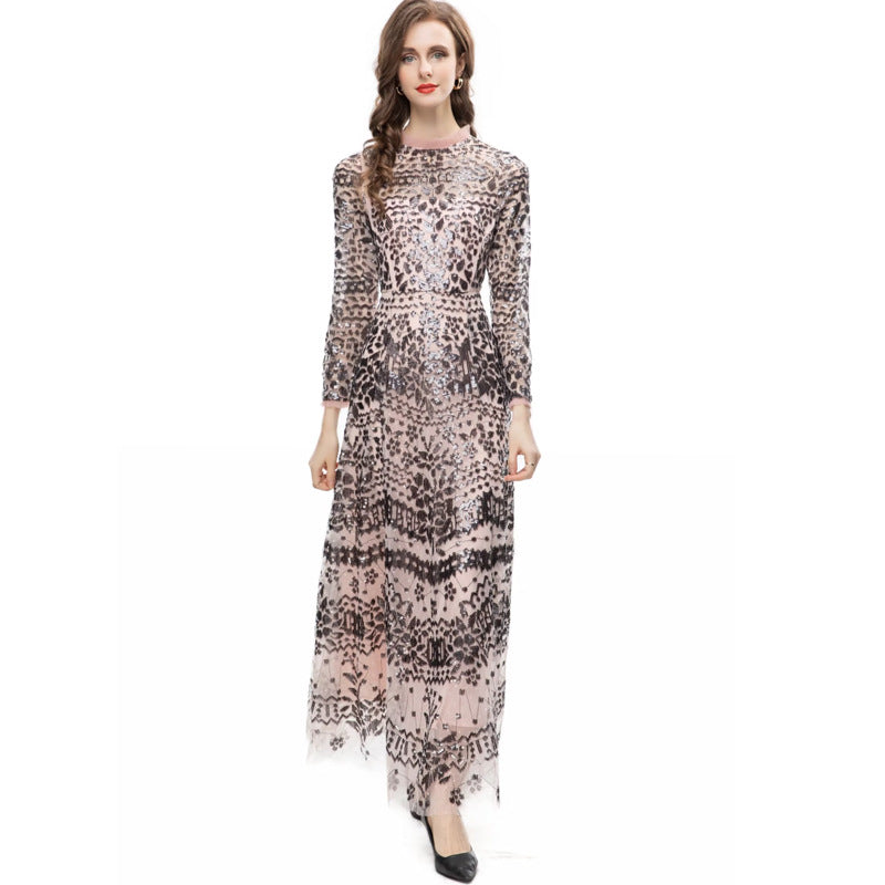 runhufu Leash Mesh Long Sleeves Slim Dress Long Dress Autumn And Winter Women's New 2025