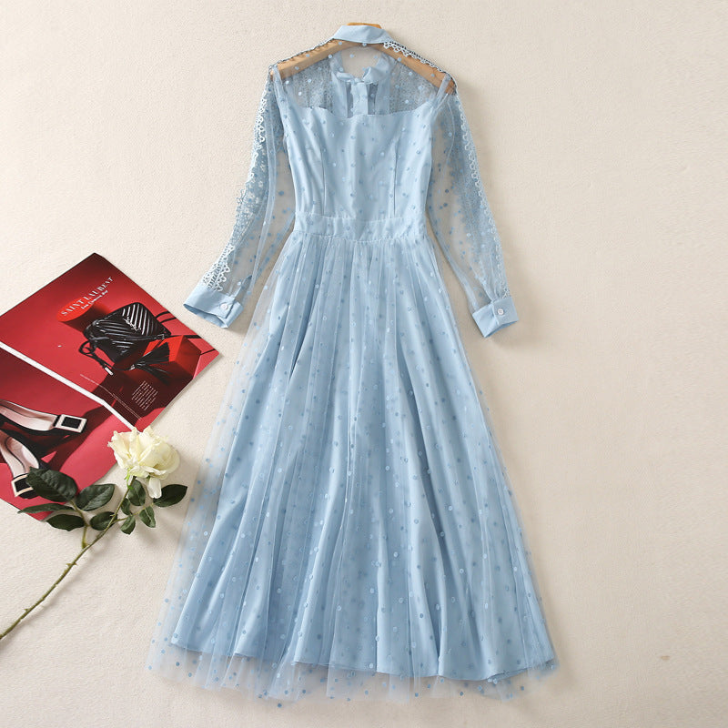 runhufu Long Sleeve Temperament Fashion Water-Soad Hook Flower Blue Dress 2025 Spring And Summer New Women's Clothing
