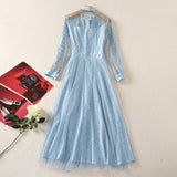 runhufu Long Sleeve Temperament Fashion Water-Soad Hook Flower Blue Dress 2025 Spring And Summer New Women's Clothing