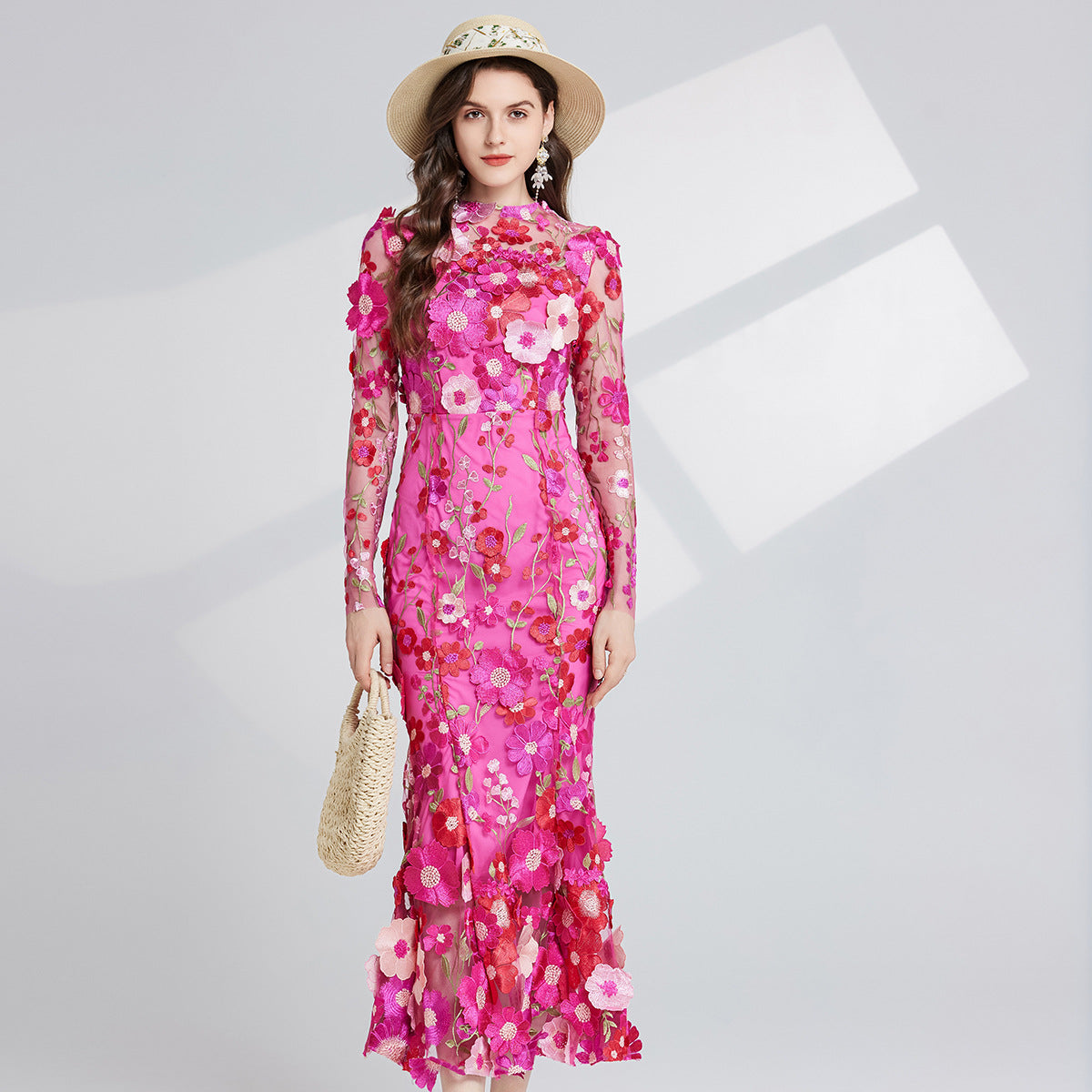 runhufu Light Luxury Heavy Industry Embroidery Three-Dimensional Flowers Waist Long Sleeve Dress