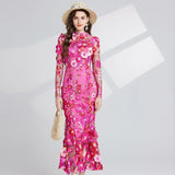 runhufu Light Luxury Heavy Industry Embroidery Three-Dimensional Flowers Waist Long Sleeve Dress