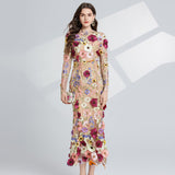 runhufu Light Luxury Heavy Industry Embroidery Three-Dimensional Flowers Waist Long Sleeve Dress