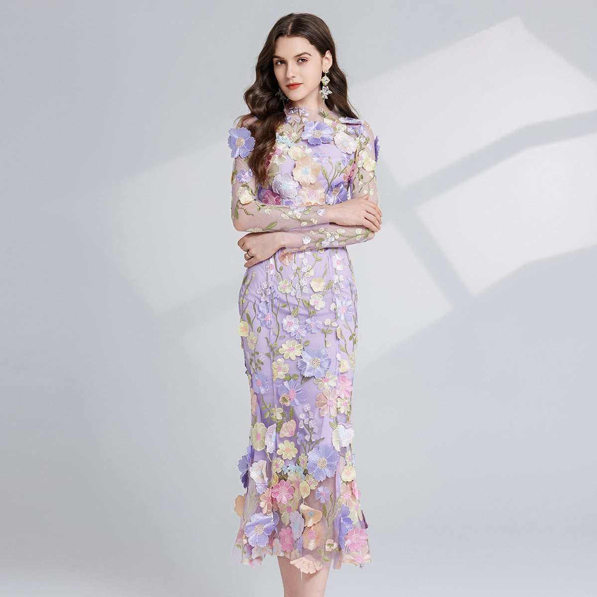 runhufu Light Luxury Heavy Industry Embroidery Three-Dimensional Flowers Waist Long Sleeve Dress