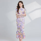 runhufu Light Luxury Heavy Industry Embroidery Three-Dimensional Flowers Waist Long Sleeve Dress