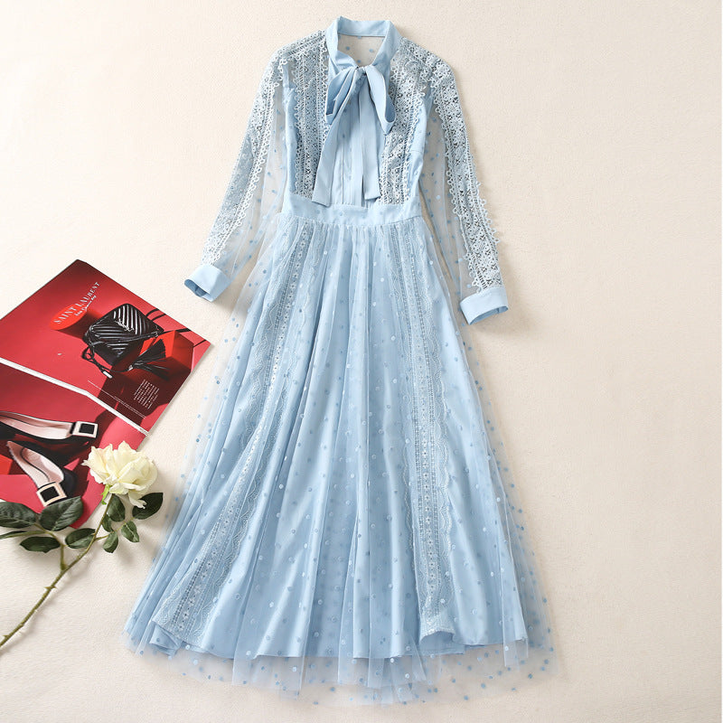 runhufu Long Sleeve Temperament Fashion Water-Soad Hook Flower Blue Dress 2025 Spring And Summer New Women's Clothing
