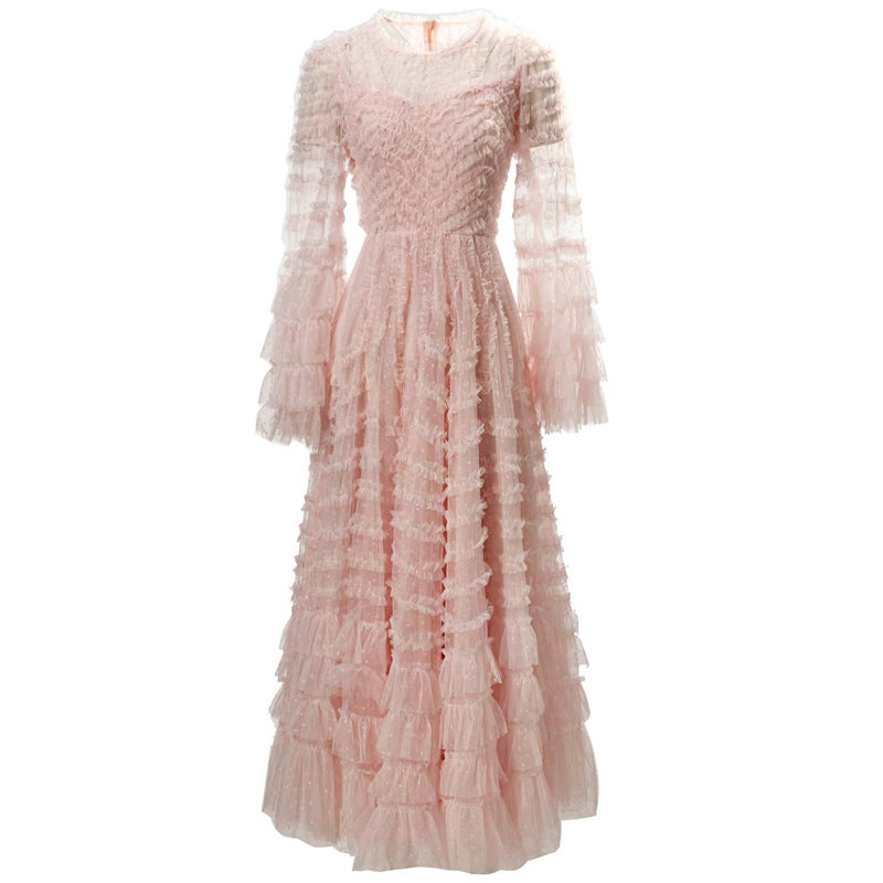 runhufu Lotus Leaf Side Round Horn Long Sleeve Apricot Dress Long Dress Autumn And Winter Women's Dress New 2025