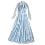 runhufu Long Sleeve Temperament Fashion Water-Soad Hook Flower Blue Dress 2025 Spring And Summer New Women's Clothing