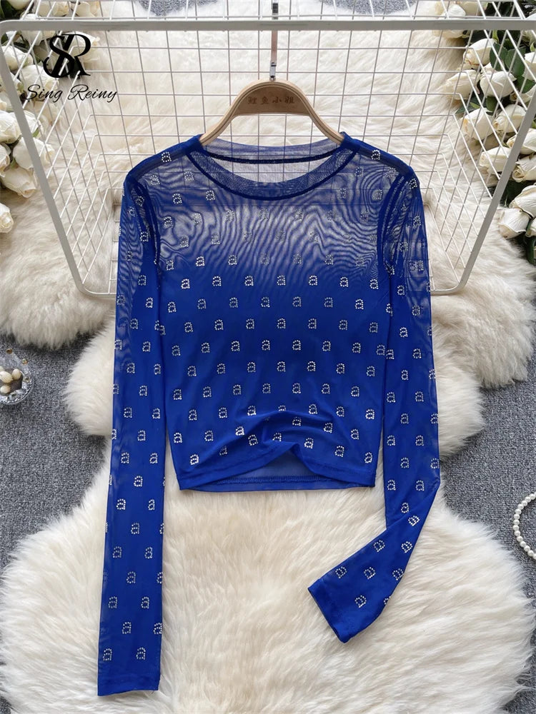 Runhufu Letter Beadings Women Blouse O Neck Long Sleeves 2024 Autumn Fashion Senior Streetwear Hotsweet T Shirt Sheer Y2K Tops