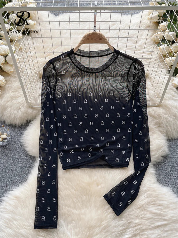 Runhufu Letter Beadings Women Blouse O Neck Long Sleeves 2024 Autumn Fashion Senior Streetwear Hotsweet T Shirt Sheer Y2K Tops