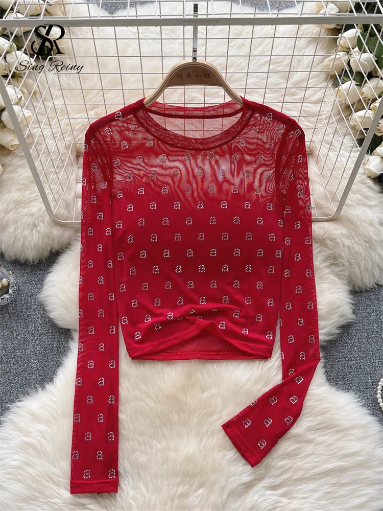 Runhufu Letter Beadings Women Blouse O Neck Long Sleeves 2024 Autumn Fashion Senior Streetwear Hotsweet T Shirt Sheer Y2K Tops