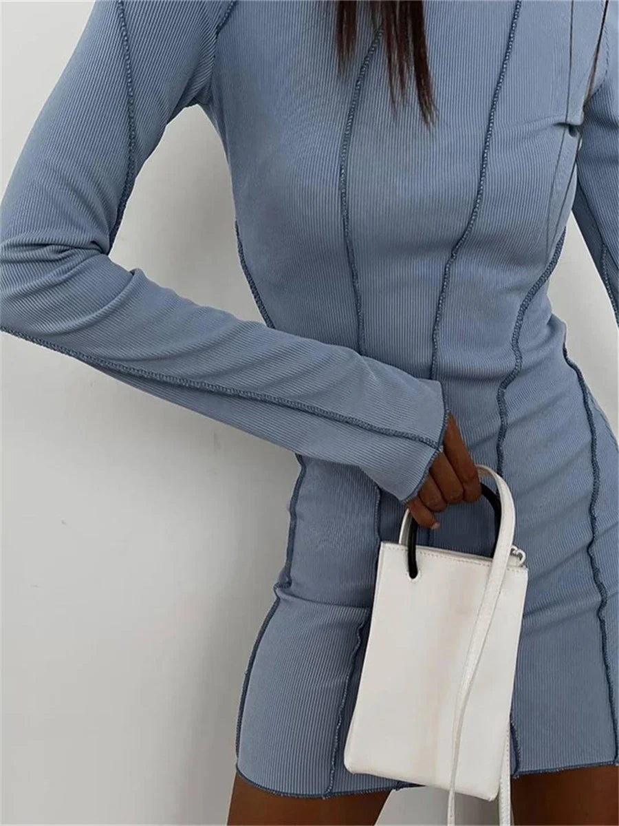 Runhufu Long Sleeve Patchwork Mini Dress Autumn Women Casual Office Party Streetwear Clothes Slim Fit Wrapped Short Pencil Dress