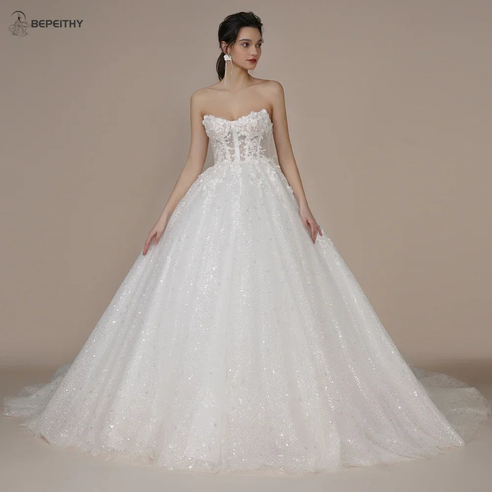 Runhufu Princess Strapless Ivory Glitter Wedding Dresses 2024 For Women Court Train Bride 3D Flower Romantic Shinny Bridal Gown