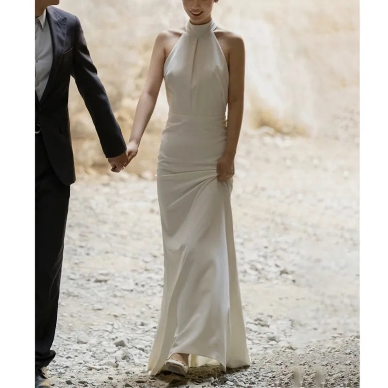 Runhufu Mermaid Wedding Dress Fashion Halter Long Bridal Dresses With Small Train Sexy Backless Simple Vestidos De Novia