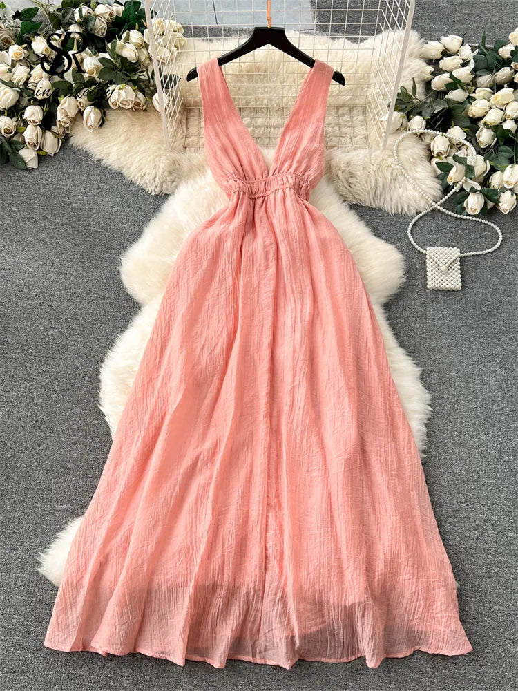 Runhufu French Gentle Holiday Long Dress Summer Deep V-Neck Bandage A-Line Design Female Solid Sleeveless Party Sexy Sundress