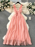 Runhufu French Gentle Holiday Long Dress Summer Deep V-Neck Bandage A-Line Design Female Solid Sleeveless Party Sexy Sundress