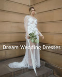 Runhufu 3D Flowers Short A-Line Wedding Dresses Pearls Beadings Tulle Long Sleeves Bride Gown Backless Illusion Boho Bridal Dress