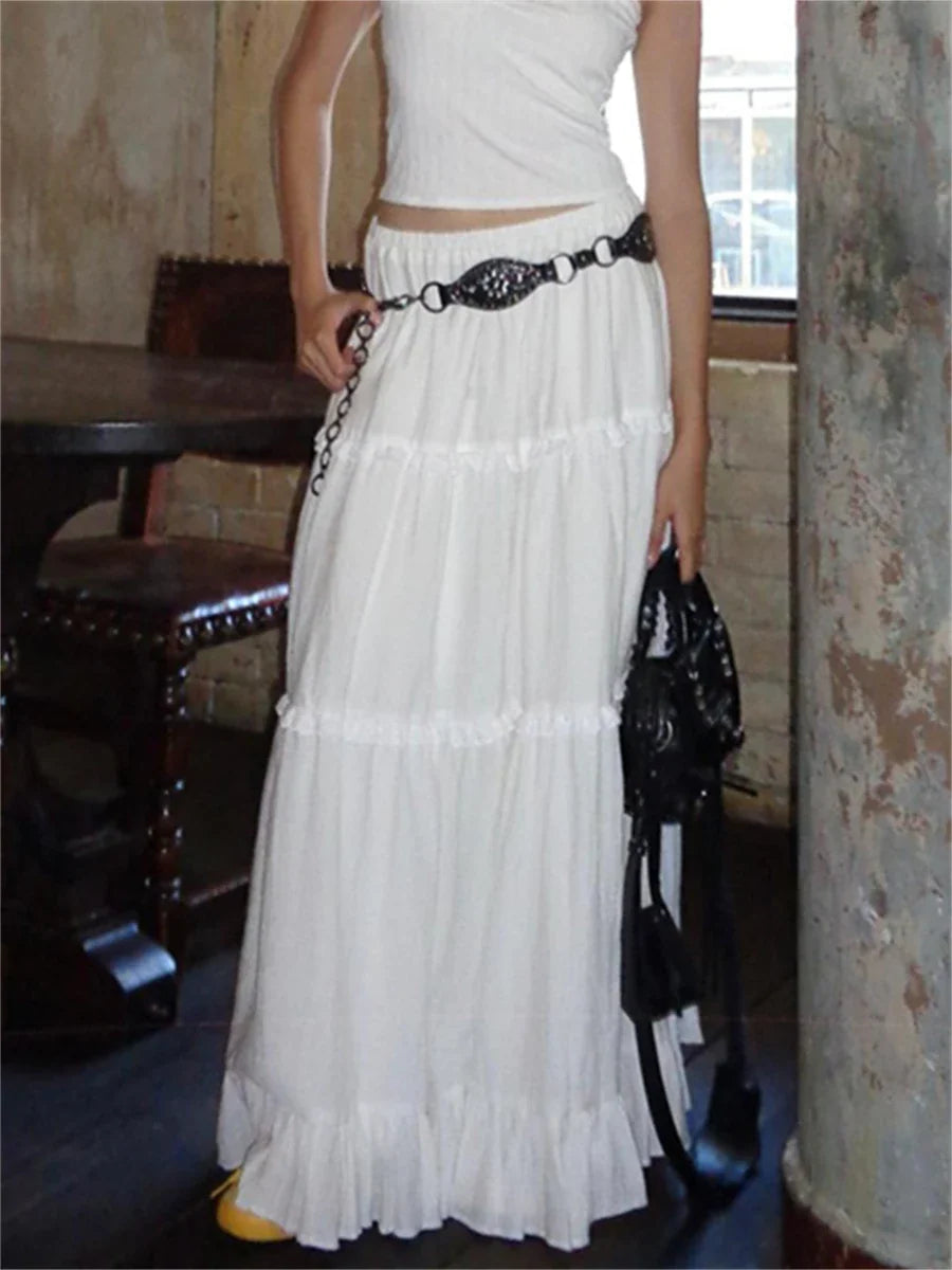 Runhufu Fairycore Elegant White Flowy Hem Long Skirts Women Elastic Waist Ruffle Lace Trim Flare A-Line Skirts Retro Streetwear