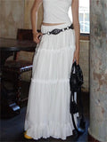 Runhufu Fairycore Elegant White Flowy Hem Long Skirts Women Elastic Waist Ruffle Lace Trim Flare A-Line Skirts Retro Streetwear