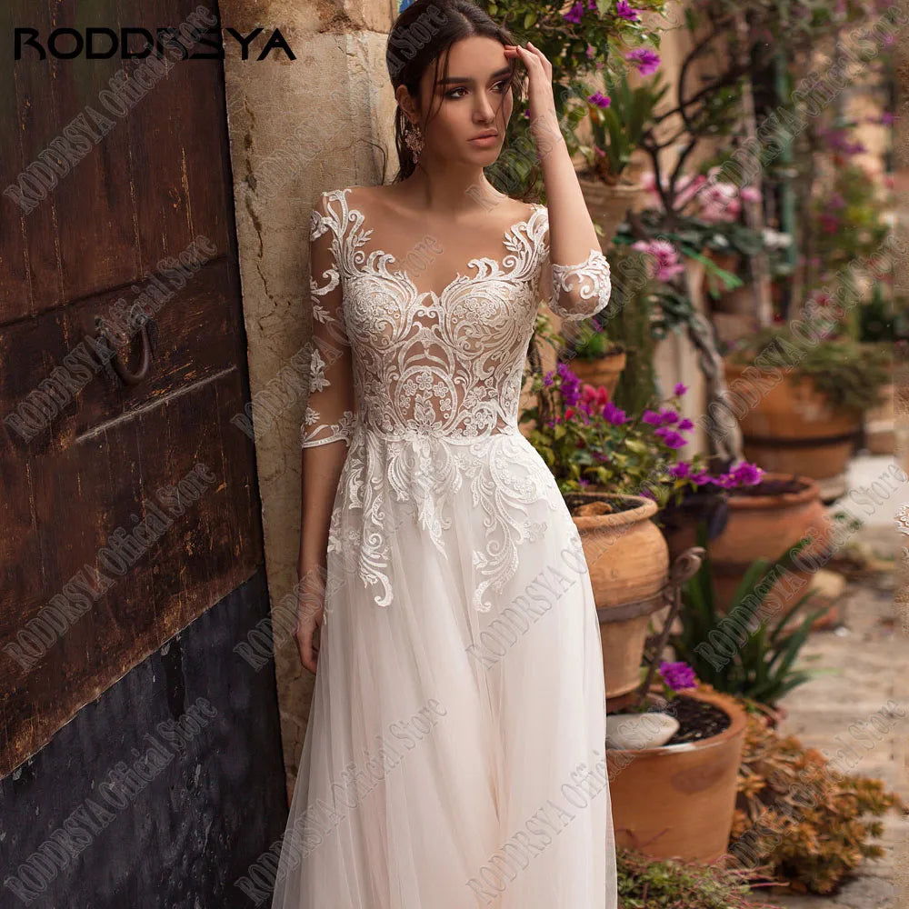 Runhufu Boho 3/4 Sleeves Wedding Dress A-Line Scoop Lace Applique Bride Gowns Sweep Train Tulle Illusion Vestidos De Novia