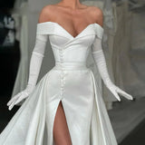 Runhufu Luxury Off Shoulder Mermaid Wedding Dress Lace Up High Right Split Detachable Train Taffeta Buttons Cathedral Bridal Gowns