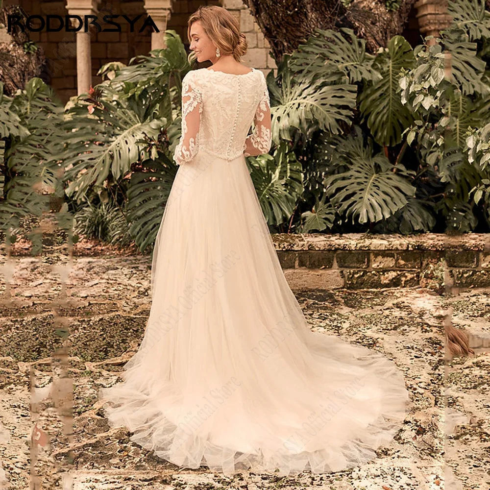 Runhufu Long Sleeves Wedding Dress 2024 Bride O-Neck A-Line Tulle Bridal Gowns Lace Applique Plus Size Civil vestidos de novia