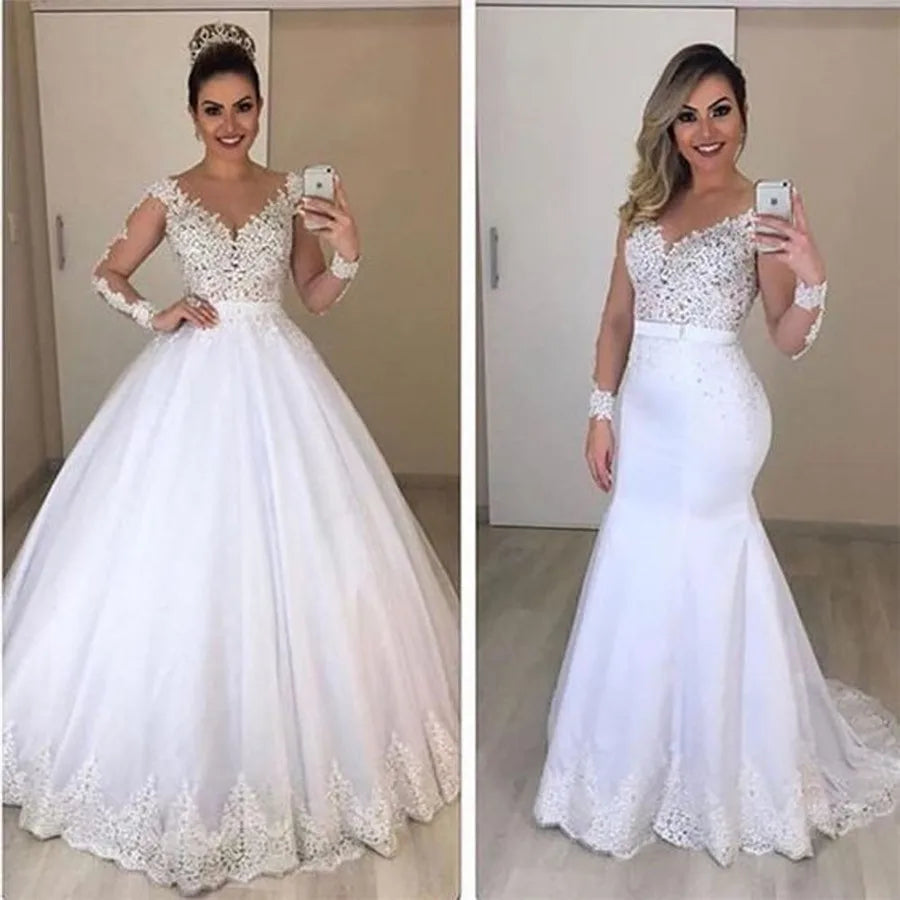 Runhufu Long Sleeves Mermaid Wedding Dresses See Through Back Custom Two Pieces Bridal Gowns Modest Vestidos De Novia