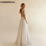Runhufu Backless Wedding Dresses See-through Appliques Full Sleeves A-Line Bridal Gowns Chiffon Scoop Neck Boho Bride Dress