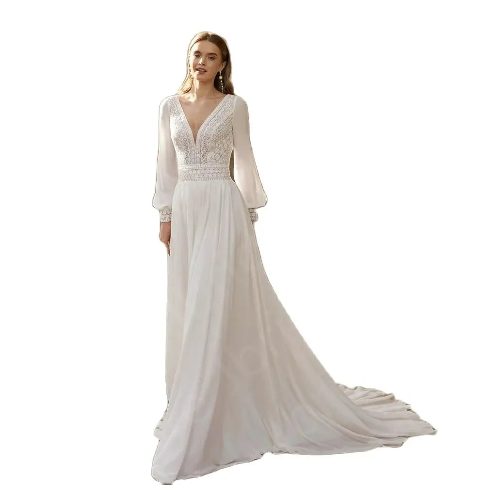 Runhufu Latest Wedding Dresses 2024 Beach Bridal Gowns Boho Bride Dress Long Sleeves V Neckline Wedding Gowns Lace Back Out