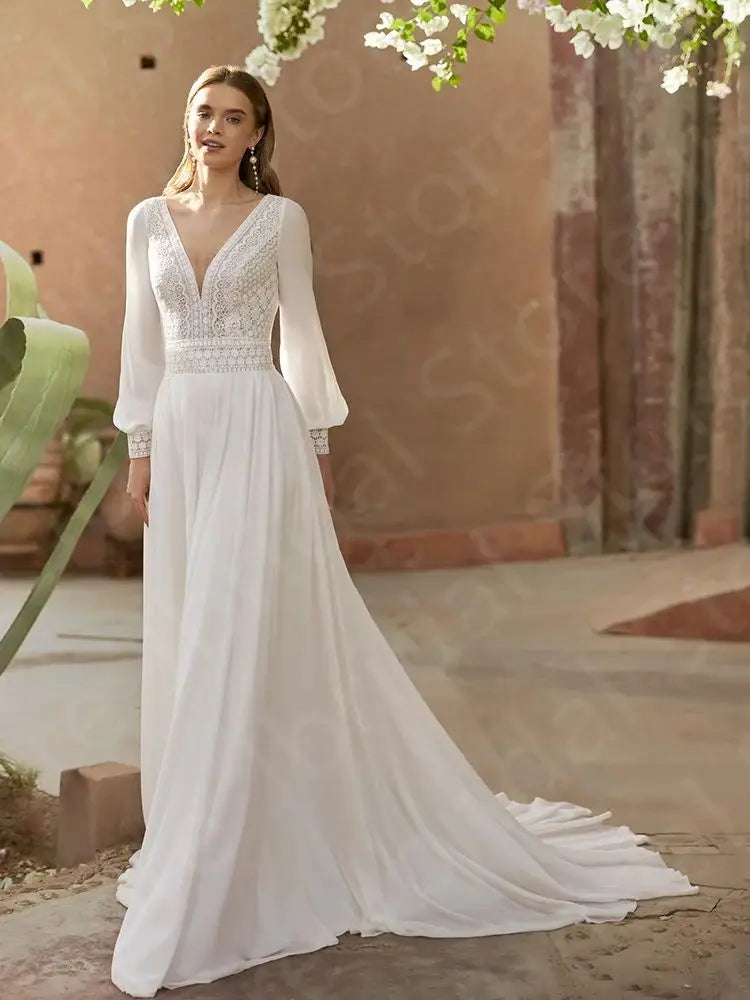 Runhufu Latest Wedding Dresses 2024 Beach Bridal Gowns Boho Bride Dress Long Sleeves V Neckline Wedding Gowns Lace Back Out