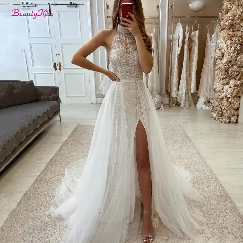 Runhufu Halter Lace Wedding Dresses Appliques Mermaid Side Slit Bridal Gowns With Detachable Tulle Train Sexy Long Bride Dress