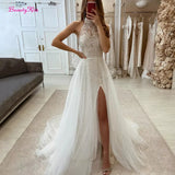 Runhufu Halter Lace Wedding Dresses Appliques Mermaid Side Slit Bridal Gowns With Detachable Tulle Train Sexy Long Bride Dress