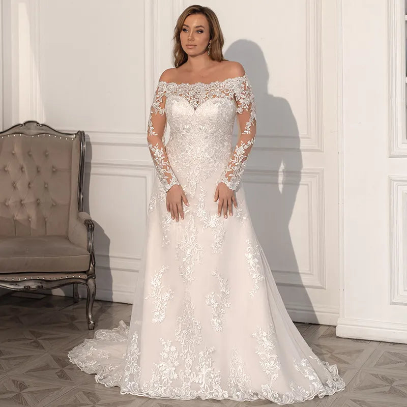 Runhufu A-line Lace Long Sleeve Wedding Dress 2023 Sexy Boat Neck Corset Appliques Court Train Plus Size Bridal Gowns